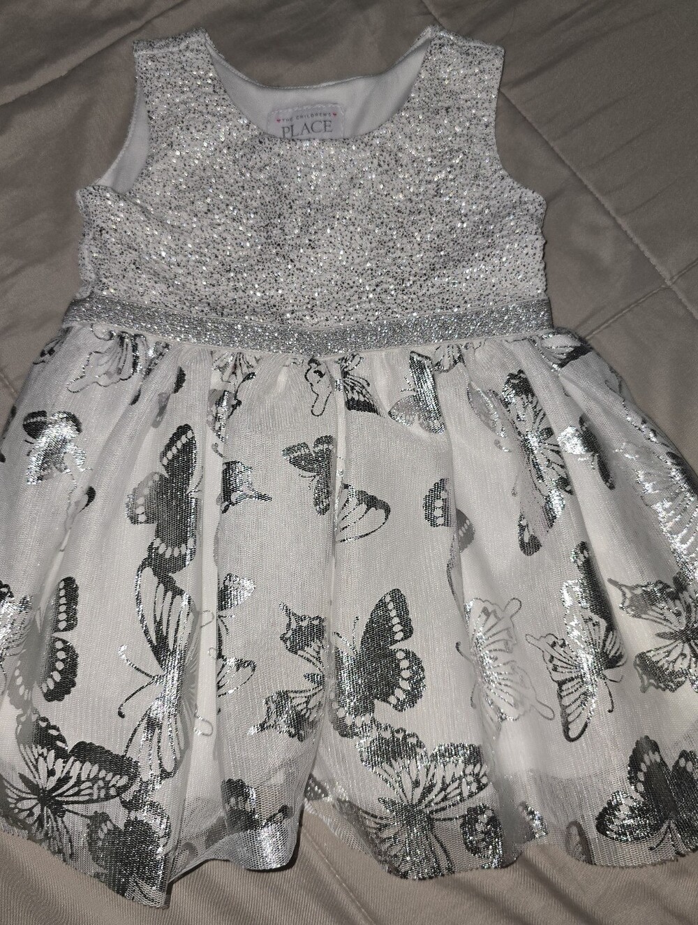 The Children's Place White and Silver Glitter Butterfly Toddler Dress